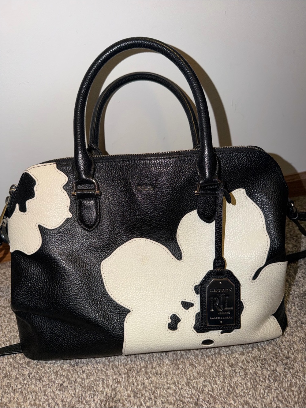 Lauren Ralph Lauren Black & White Floral Leather Crossbody Bag